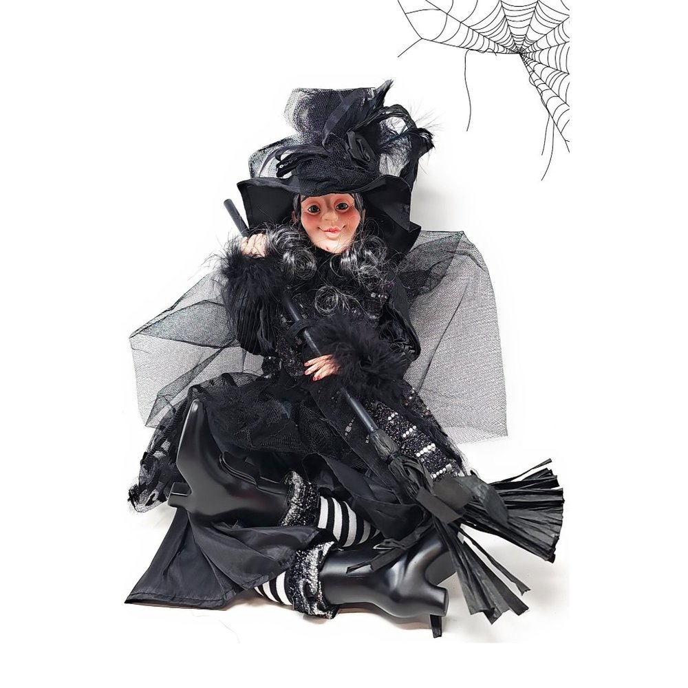 Halloween Witch 24" Black Dress with Black Broom Party Decor Wreath Center
